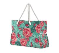 Beautiful Rose Red Flower Turquoise Sandproof Womens Large Tote with Side Pocketes Carry On Bags Good for Travel Pool Swim Beach Vacation Necessities