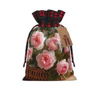 Beautiful Roses Gift Bag – Festive Print Drawstring Bag, Perfect For Holidays, Birthdays, And Party Favors, Elegant Plaid Pattern With Kraft Paper Tag