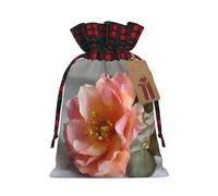 Beautiful Roses Gift Bag – Festive Print Drawstring Bag, Perfect For Holidays, Birthdays, And Party Favors, Elegant Plaid Pattern With Kraft Paper Tag