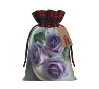 Beautiful Roses Gift Bag – Festive Print Drawstring Bag, Perfect For Holidays, Birthdays, And Party Favors, Elegant Plaid Pattern With Kraft Paper Tag