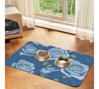 Beautiful roses on blue background Pet Water Absorbent Faux Leather Feeding Mat 30x45cm Non Slip Durable Mat for Cat and Dog Bowls