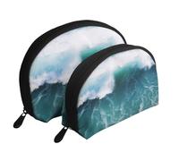Beautiful Sea Waves Printing Shell Makeup Bag Set 2-Piece Cosmetic Bags Portable Travel Makeup Storage Bag for Women Girls