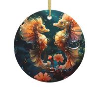 Beautiful Seahorse Couple A 2.9-inch Ceramic Round Christmas Ornament with a Printed Pattern Perfect for Holiday Decorations and Party Favors