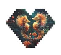 Beautiful Seahorse Couple Print Building Brick Block Puzzle - Heart Shaped Picture Puzzles, Wooden Picture Jigsaw Puzzles