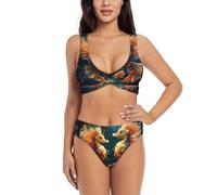 Beautiful Seahorse Couple Print Women's Waisted Bikini Sets V Neck Two Piece Swimsuit for Beach & Pool, Black, Medium