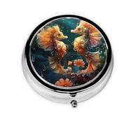 Beautiful Seahorse Couple Take-Along Pill Box, Portable Round Pill Box, fits in Your Purse Pocket Lightweight 3 Compartment Pill Box,