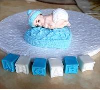 Beautiful Set of Edible Sugar Baby Boy on Heart Cushion, with 6 ABC Letter Blocks; All Skin Tones; Edible Baby Shower, Christening, Baptism Cake Topper/Decoration Set