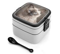 Beautiful Siamese Cat Bento Box with Spoon & Handle - 2 Compartment Leak-Proof Stackable Lunch Box for Adults, BPA-Free Reusable Food Containers for Work, Travel, Picnic