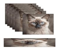 Beautiful Siamese Cat Placemats Set of 7 Exquisite Linen Table Mat Seven Piece Set Includes 13"x71" Fashion Table Runner and 12"x18" Place Mat Decor for Kitchen Dining Room