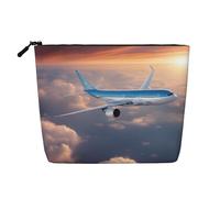 Beautiful Sky Airplane Print Fake Hemp Makeup Bag – Travel Toiletry Pouch for Women, Daily Storage, Business Trips, and More
