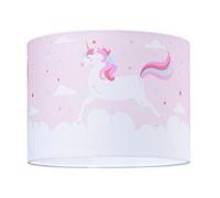 Beautiful Soft Pink and White Cotton Fabric Lampshade with Dancing Colourful Unicorns and Clouds Decoration | 25cm Diameter | Features Inner White Cotton Fabric Lining by Happy Homewares