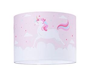 Beautiful Soft Pink and White Cotton Fabric Lampshade with Dancing Colourful Unicorns and Clouds Decoration | 25cm Diameter | Features Inner White Cotton Fabric Lining by Happy Homewares