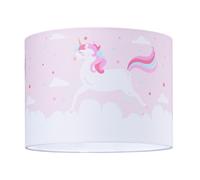 Beautiful Soft Pink and White Cotton Fabric Lampshade with Dancing Colourful Unicorns and Clouds Decoration | 25cm Diameter | Features Inner White Cotton Fabric Lining by Happy Homewares