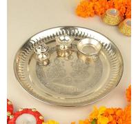 Beautiful Stainless Steel 9 inch Pooja Silver Thali Set - Puja Thali for Diwali, Dhanteras, Durga Pooja | Puja Thali for Gifting |