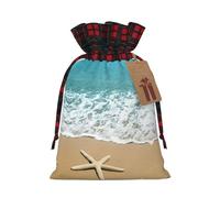 Beautiful Starfish On Beach Sand Printing Color Matching Plaid Christmas Bag With Drawstring For Christmas Birthdays Party,4.7x6.9 Inch