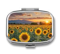 Beautiful Sunflower Field Sunset Pill Box 2 Compartment Waterproof Pill Case with Mirror Square Container Metal Medicine Box Organizer Portable Vitamin Case for Pocket & Purse Travel