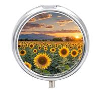 Beautiful Sunflower Field Sunset Pill Case 3 Compartments Portable Pill Box for Wallet Pocket Waterproof Travel Pill Organizer Vitamin Organizer Round Small Pill Box Daily Pill Container
