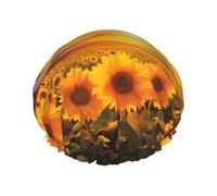 Beautiful Sunflower Field Sunset Shower Caps for Women Reusable Waterproof Shower Cap with Elastic Strap Bath Hair Hat Double Layers Thick Bath Caps for Spa Salon Travel