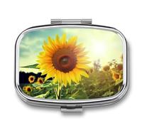Beautiful Sunflower Pill Box 2 Compartment, Portable Pill Case with Mirror for Pocket Purse Travel, Mini Metal Medicine Organizer for Vitamins Fish Oil