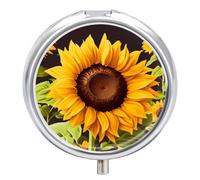 Beautiful Sunflower Pill Box 3 Compartment Waterproof Pill Container with Mirror Metal Medicine Box Organizer Portable Vitamin Case for Pocket & Purse Travel - Round