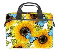 Beautiful Sunflowers Blue Butterflies Watercolor Pattern Laptop Case Bag Sleeve Portable Crossbody Messenger Briefcase w/Strap Handle, 13 14 inch