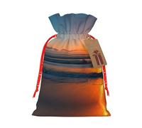 Beautiful Sunrise Ocean Print Festive Red Drawstring Bag, Small Favors Pouch Ideal For Christmas Party Gifting-S Size