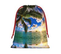 Beautiful Sunrise Ocean Printing 11.8x15.8in Drawstring Gift Bag With Red Ribbon Closure For Halloween Xmas,For Adults Gifting