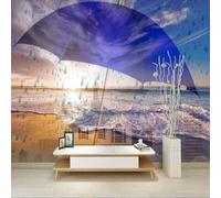 Beautiful Sunset Creative Umbrella Raindrops Beach 3D Wallpaper Premium Textured Silk Study Dining Living Room Bedroom Sofa TV Wall Easy Install-150cm×105cm