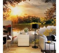 Beautiful Sunset Large Lake Swans Forest 3D Wallpaper Premium Textured Silk Study Dining Living Room Bedroom Sofa TV Wall Easy Install-250cm×170cm