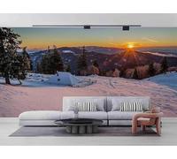 Beautiful Sunset Mountain Peaks Forests and Snowy Landscapes Modern 3D Wallpaper Premium Textured Silk Neutral Tones Material Ideal for Living Room Bedroom-430cm×300cm