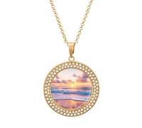 Beautiful Sunset over The Ocean Women's Necklaces Lightweight Round Alloy Pendant Diamond Necklace Ladies Jewelry Gift Golden-style