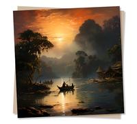 Beautiful Sunset River Blank Greetings Card - Fisherman, River, Jungle - Made in UK