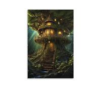 Beautiful Tree House Wall Art Canvas Poster Anime Style Fantasy Forest House Wall Decor Poster Dormitory Decor Painting Art