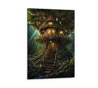 Beautiful Tree House Wall Art Canvas Poster Anime Style Fantasy Forest House Wall Decor Poster Dormitory Decor Painting Art