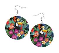 Beautiful Tropical Exotic Parrot Birds And Jungle Flowers Earrings Pigeon Gangster Gang Rapper Round Shape Leather Earring Lightweight Dangle Women Girls Jewelry Perfect For Everyday Wear