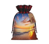 Beautiful Tropical Sunrise on The Beach Christmas Drawstring Gift Bags with Tags, Buffalo Plaid Xmas Gift Bags Reusable Gift Wrapping Bag Christmas Fabric Goody Gift Sacks for Party Presents