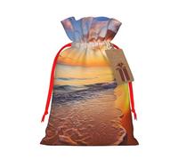 Beautiful Tropical Sunrise on The Beach Christmas Drawstring Gift Bags with Tags, Xmas Gift Bags with Red Ribbon, Reusable Gift Wrapping Bag Fabric Goody Gift Sacks for Party Presents Decorations
