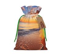 Beautiful Tropical Sunrise on The Beach Christmas Drawstring Gift Bags with Tags, Xmas Gift Bags with Green Christmas Ribbon, Reusable Gift Wrapping Bag Fabric Goody Gift Sacks for Party Presents