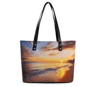 Beautiful Tropical Sunrise on The Beach Leather Tote Bag for Women Work Shoulder Purses with Zipper Waterproof Large Computer Shoulder Bag Fashion Ladies Shoulder Handbag Reusable Shopping Bags
