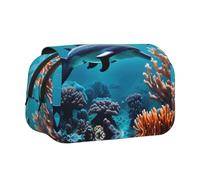 Beautiful Underwater World Dolphins Coral Print Double Clamshell Pen Case, Zipper Pockets, Large Capacity For Art Supplies & Travel
