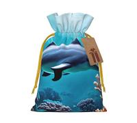 Beautiful Underwater World Dolphins Coral Print Drawstring linen gifts bag for Christmas Party,holiday packaging presents bags.
