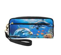 Beautiful Underwater World Dolphins Coral Print Leather Makeup Bag Wash Bag Travel Toiletry Bag Makeup Pouch PU Leather for Traveling Essentials, Bathroom, Cosmetics