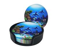 Beautiful Underwater World Dolphins Coral Print Round Leather Coasters - Set Of 6, Ultra-Fiber Pu Leather