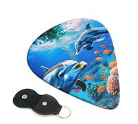 Beautiful Underwater World Dolphins Coral Printed Guitar Picks, 6 Pack with Leather Keychain Pick Holder - 0.46mm, 0.71mm, 0.96mm Assorted Thickness for Acoustic Ukulele, Electric Guitar