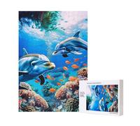 Beautiful Underwater World Dolphins Coral Printed Jigsaw Puzzle with Storage Box, Wooden Puzzle for Adults and Kids, 300 Pieces Family Fun Decorative Game, 28x40 CM