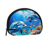 Beautiful Underwater World Dolphins Coral Printed Mini Coin Pouch, Shell Shape Zip Around Wallet, Small Zipper Pouch for Cash, Cards, Keys, Lipstick, Storage Pouch, Travel Organizer