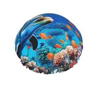 Beautiful Underwater World Dolphins Coral Printed Shower Cap,Waterproof Shower Cap For Women Reusable Shower Hat Bath Caps With Elastic Band
