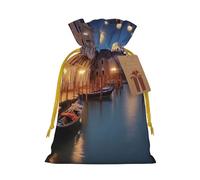 Beautiful Venice at Night Christmas Gift Bags Drawstring Bags with Tags, Christmas Gift Bags with Yellow Christmas Ribbon Reusable Gift Bag Party Favor Bags