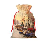 (Beautiful Venice Canal View) Christmas Burlap Gift Bags, Eco-Friendly Polyester Drawstring Pouches For Holiday, Birthday & Party Gift Packaging S