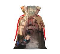 Beautiful Venice Canal View Christmas Drawstring Gift Bags Reusable Christmas Wrapping Bag W/Tags 4.7x6.9 Inch Xmas Treat Pouch Goody Bags Candy Treat Bag For Xmas Holiday Presents Party Favor